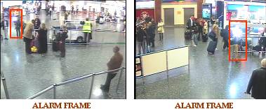 Shows two images of a crowded airport lobby.  In the first a person is beginhing to lift their arms to take a picture. In the second, the person is taking a picture, and you can see the flash.  In both the person is outlined in a red box and under the images it says alarm frame.